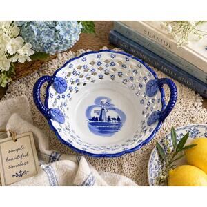 Blue White Porcelain Basket Windmill Delft Style Reticulated Dish Cottage Decor